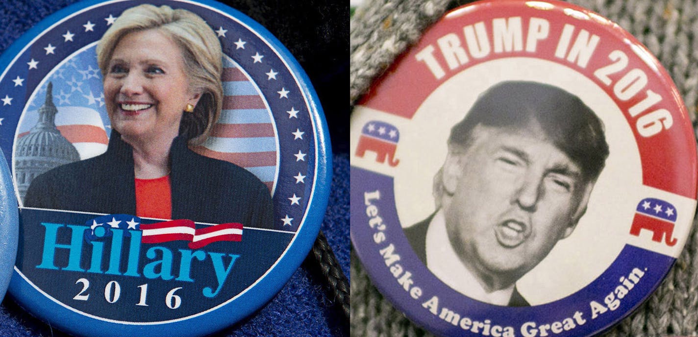 Clinton and Trump campaign buttons.