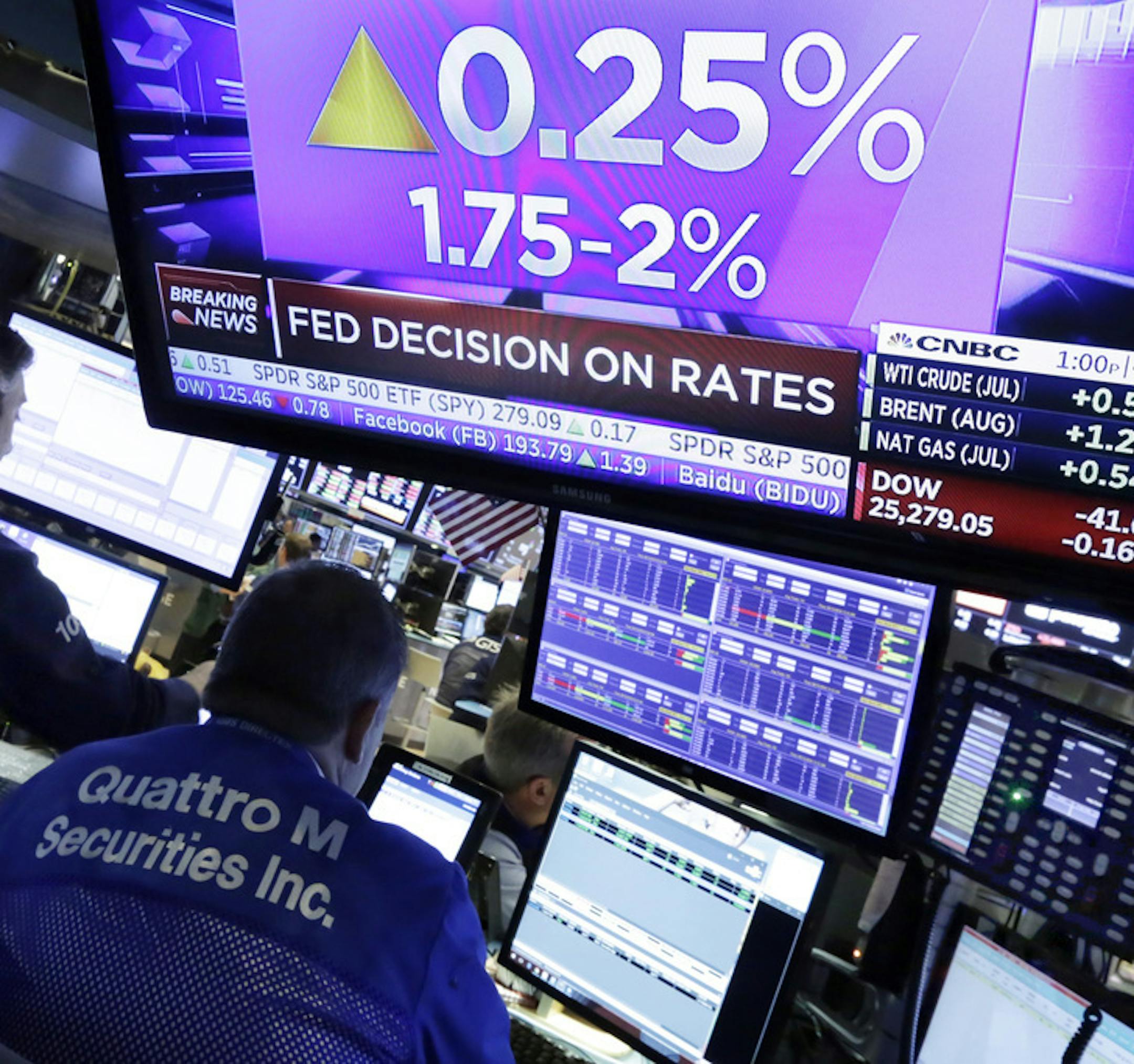 FILE- In this June 13, 2018, file photo a television screen on the floor of the New York Stock Exchange shows the rate decision of the Federal Reserve. Even bonds, the buttoned-down and conservative part of any portfolio, carry their own risks. And some of the most popular types of bond funds can be particularly susceptible to them. Investors are getting a reminder of these risks after the Federal Reserve lifted its benchmark interest rate by another quarter of a percentage point this week. (AP