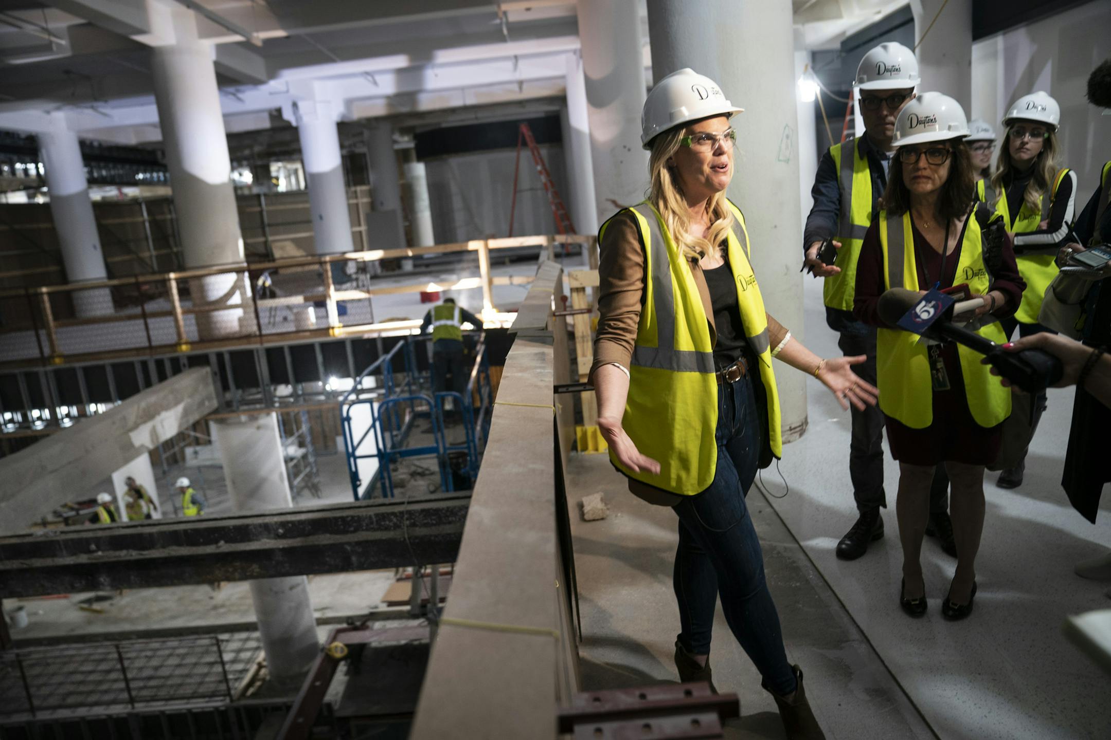 Mercedes Barsh spoke to the press in front of what will be the grand staircase and entrance to the Dayton's Project from the skyway in Minneapolis, Minn., on Tuesday, October 1, 2019. ] RENEE JONES SCHNEIDER &#xa5; renee.jones@startribune.com Continued construction on the Dayton's Project in downtown Minneapolis.