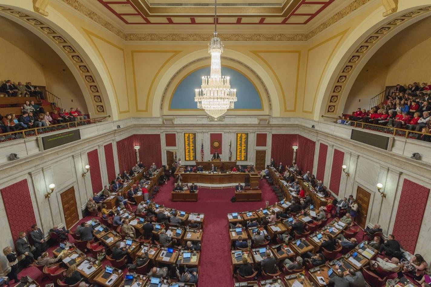 Delegates debate Senate Bill 451, commonly referred to as the omnibus education bill, in the House of Delegates chamber at the Capitol in Charleston, W.Va., Thursday, Feb. 14, 2019. With bipartisan support, the House of Delegates passed a stripped down version of the bill that the West Virginia Senate passed earlier this month.