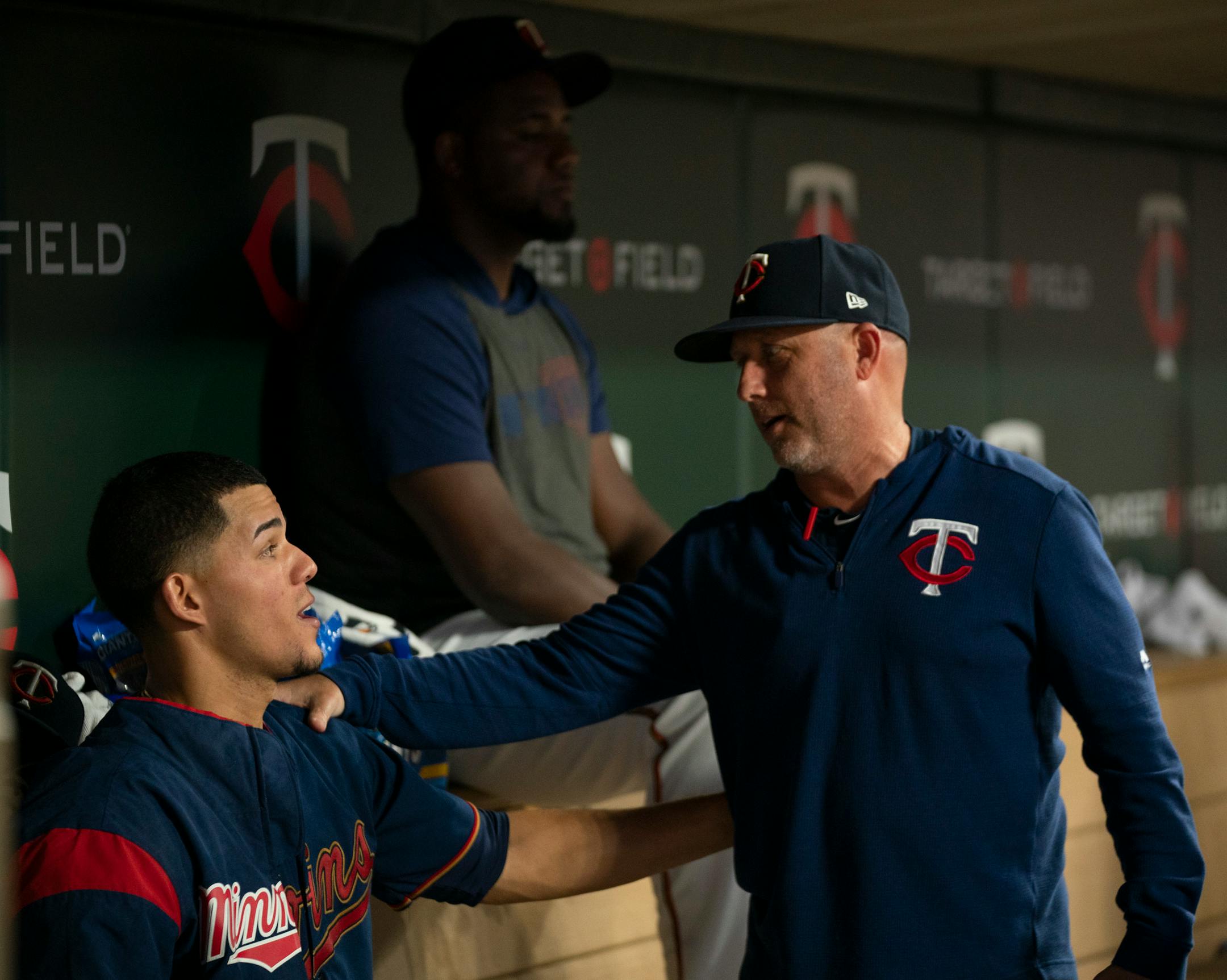 Twins starter Jose Berrios was congratulated by pitching coach Wes Johnson after Berrios threw eight innings against Boston, giving up only one first-inning run.