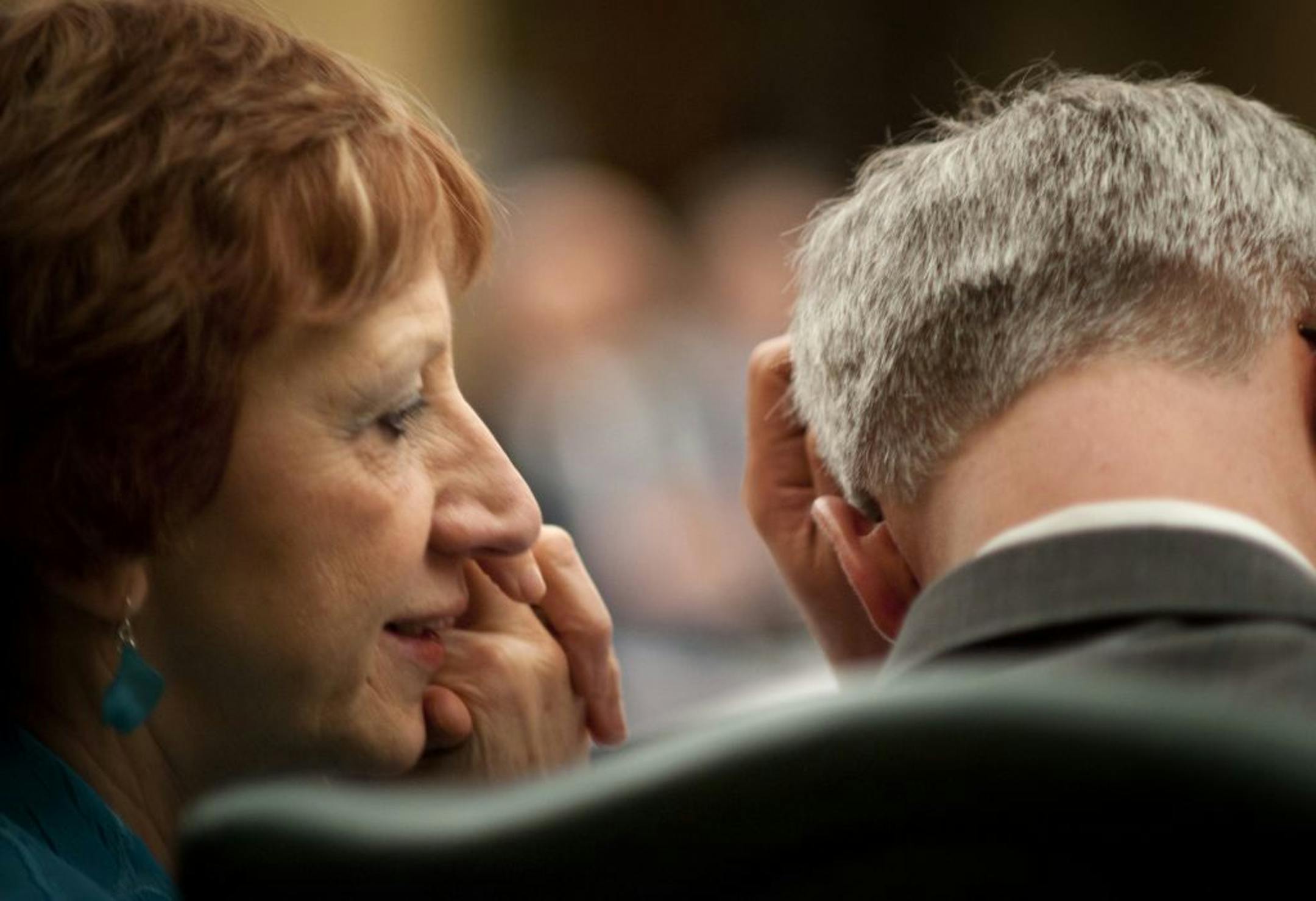 Sen. Barb Goodwin whispered to Senator John Marty earlier in the session.