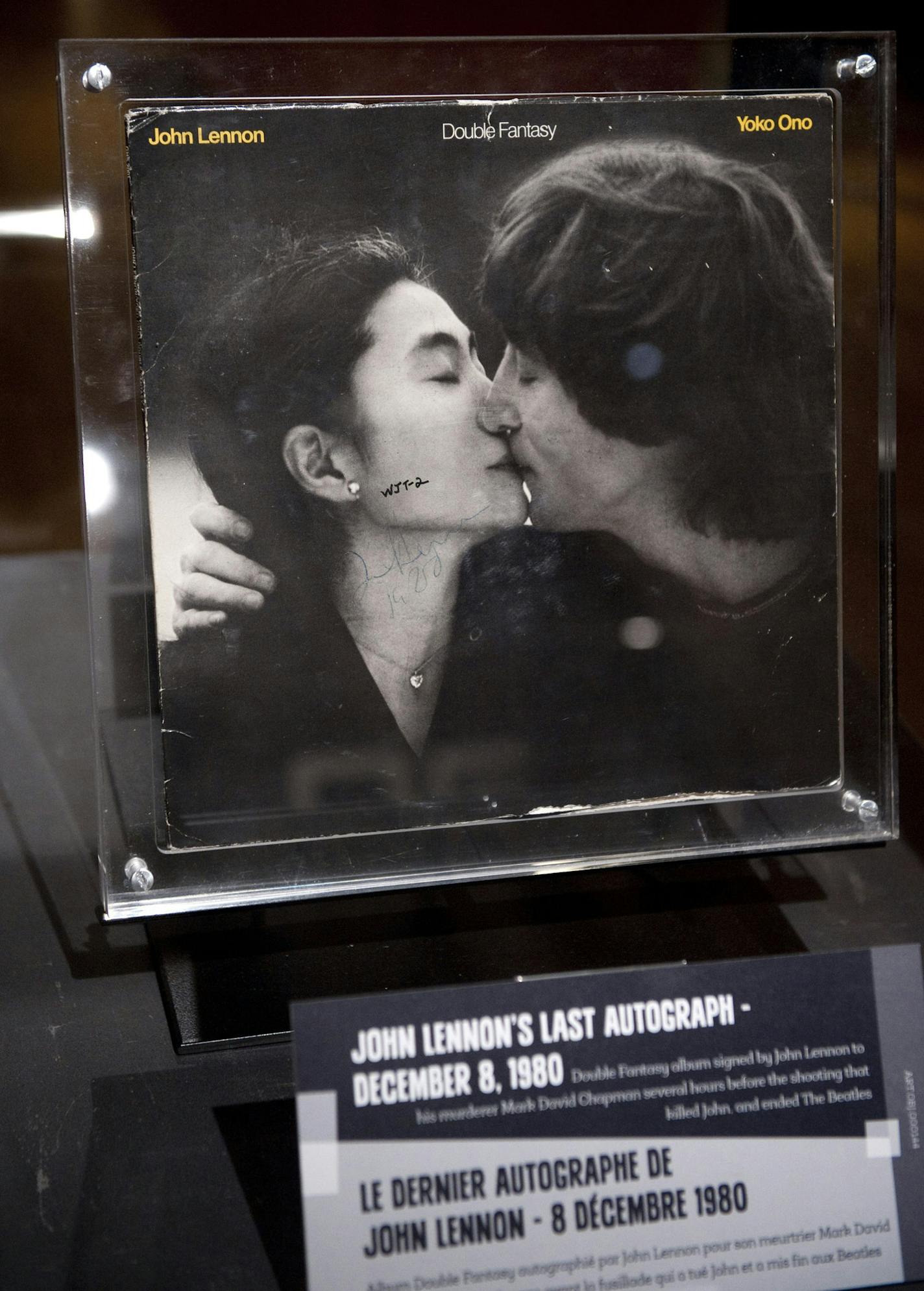 John Lennon's last autograph, on the back of this album cover, was given to her murderer and is part of The Magical Mystery Tour exhibit that opened this week at the historic Chateau Theatre in Rochester.