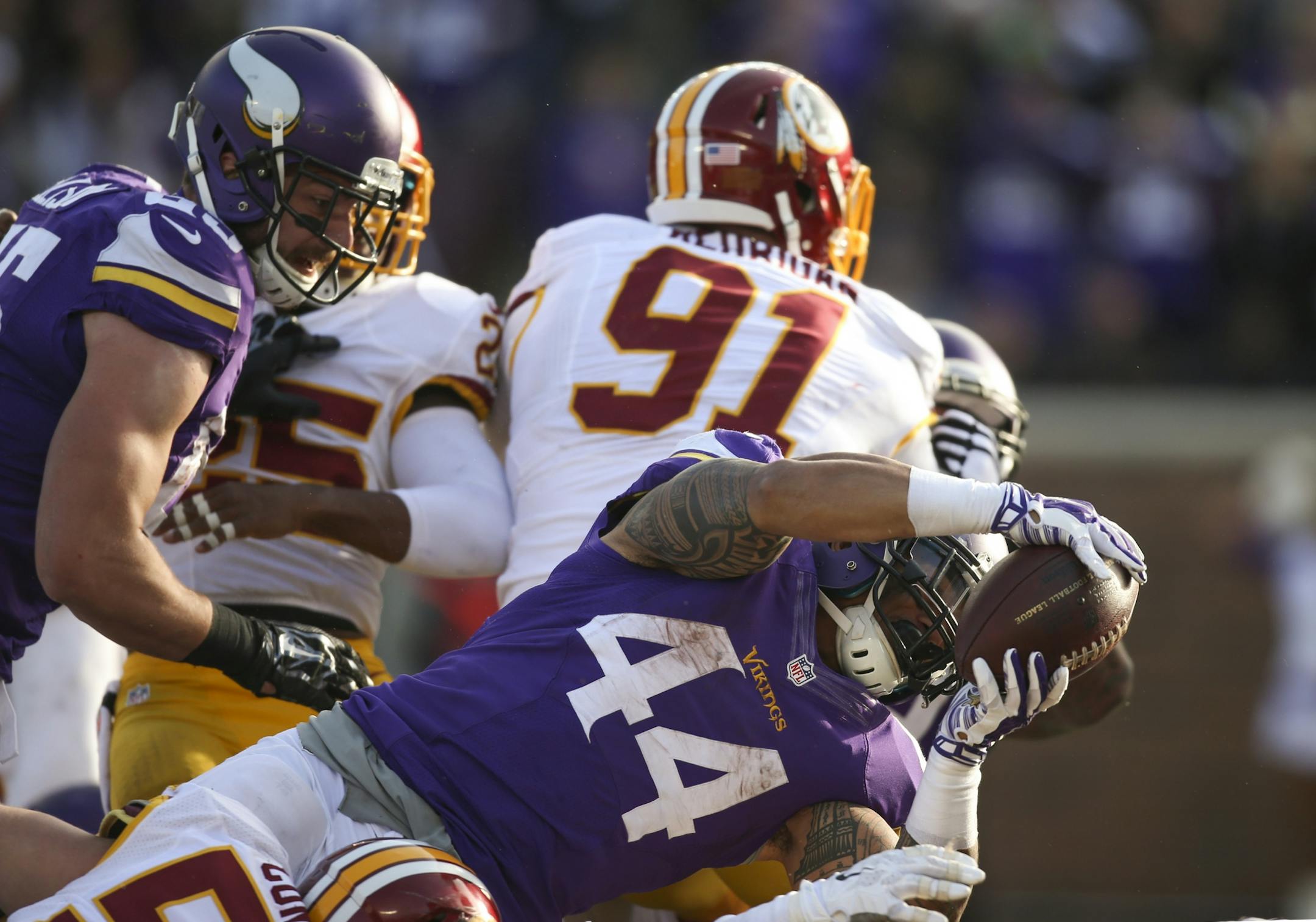 Minnesota Vikings running back Matt Asiata (44) scored his third rushing touchdown of the day when scored from the one yard line in the fourth quarter Sunday at TCF Bank Stadium.