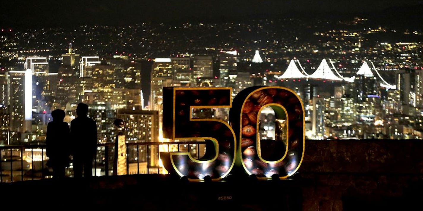 A Super Bowl 50 sign stands in a park overlooking San Francisco Wednesday, Feb. 3, 2016. The Denver Broncos play the Carolina Panthers in the NFL Super Bowl 50 football game Sunday, Feb. 7, 2015, in Santa Clara, Calif.