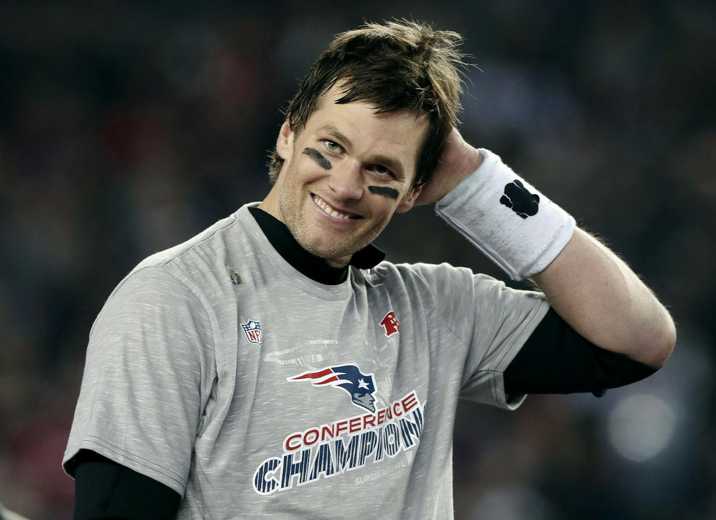 Patriots quarterback Tom Brady smiled after winning the AFC Championship 24-20 over the Jaguars on Sunday.