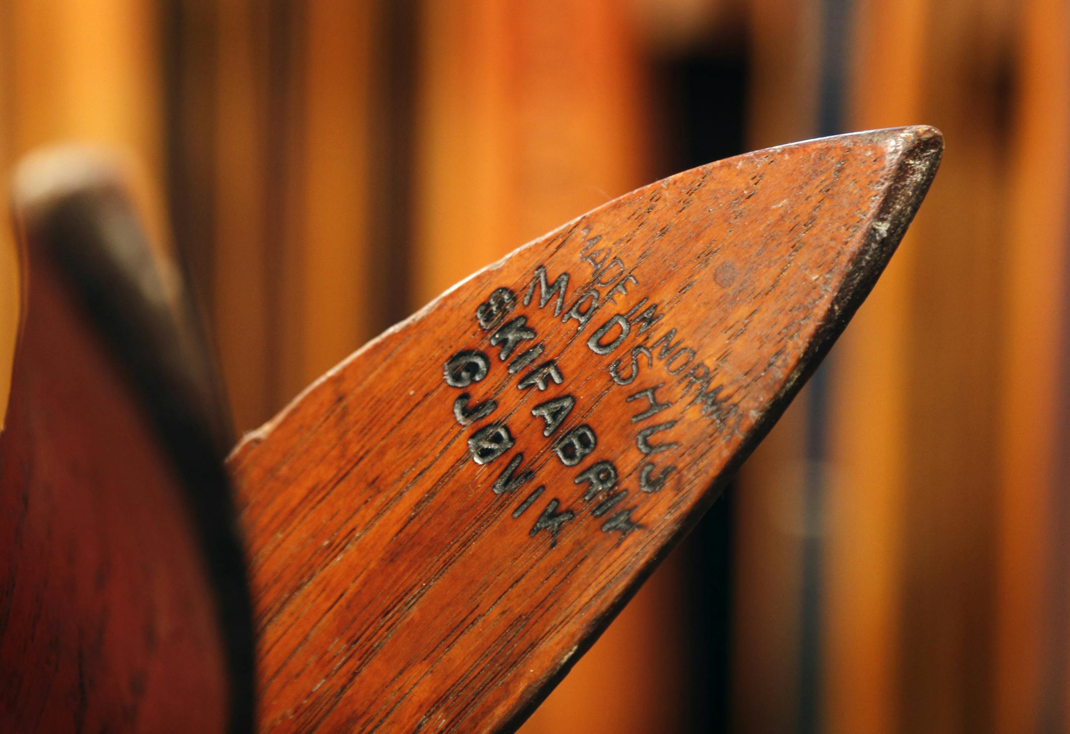 Greg Fangel buys, sells and collects vintage wooden skis. Some of his older skis in his collection were manufactured in Norway and show their native stamp burned into the wood. ] BRIAN PETERSON • brian.peterson@startribune.com White Bear Lake, MN 01/02/15