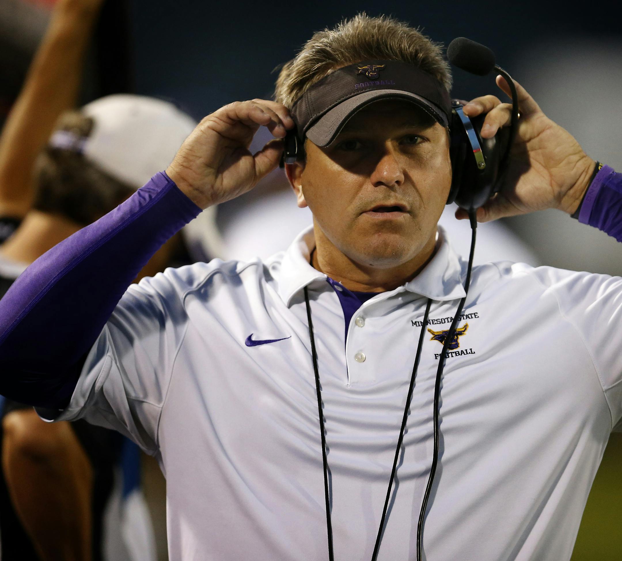 Minnesota State, Mankato football coach Todd Hoffner during Thursday night's game vs. St. Cloud State at Blakeslee Stadium. ] CARLOS GONZALEZ cgonzalez@startribune.com - September 4, 2014, Mankato, Minn., Minnesota State, Mankato, Blakeslee Stadium,