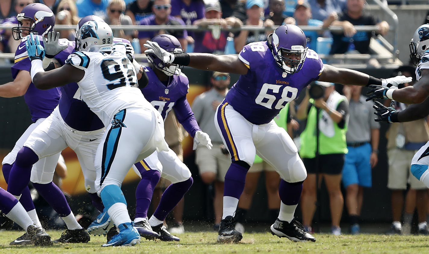 The Vikings' T. J. Clemmings (68) played well in his first start at left tackle Sunday, replacing injured Matt Kalil. Clemmings was a surprise starter as a rookie last year at right tackle when Phil Loadholt got hurt.