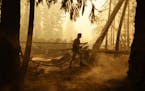 A resident sprays water on hot spots near a house during a wildfire in Celista, British Columbia, Canada, on Saturday, Aug. 19, 2023. Record-breaking 