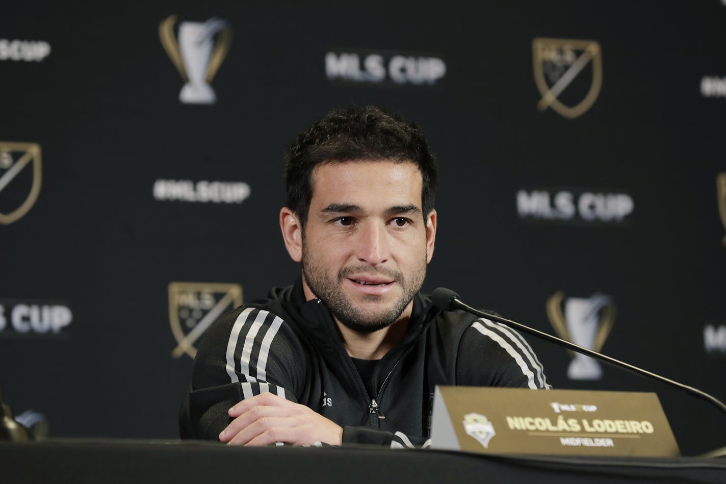 Seattle Sounders forward Nicolas Lodeiro, one of the keys to the team's goal-scoring chances against Toronto, talks to reporters Thursday at a news conference in Seattle.