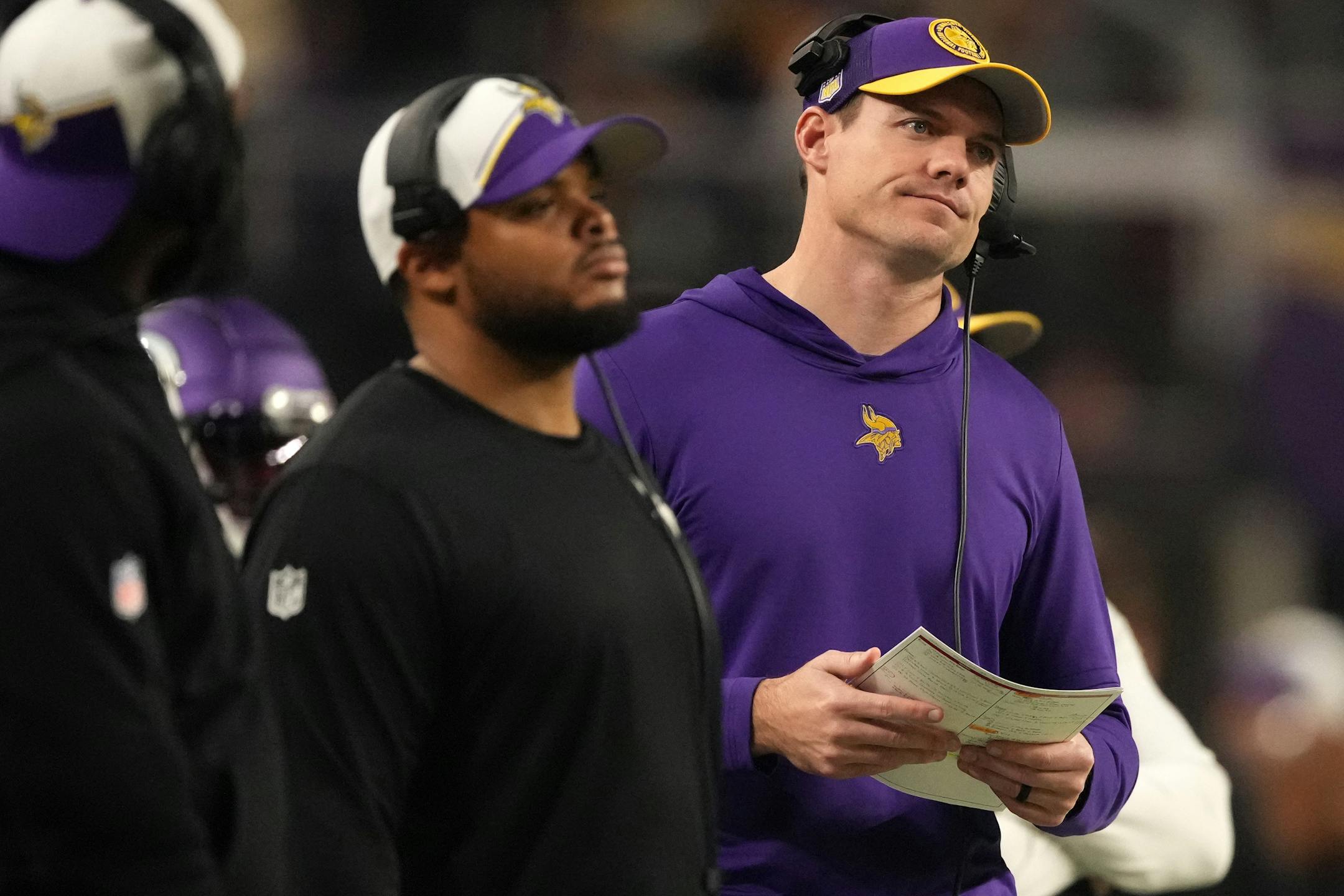 Minnesota Vikings head coach Kevin O'Connell watches from the sidelines in the fourth quarter of an NFL game between the Minnesota Vikings and the Green Bay Packers Sunday, Dec. 31, 2023 at U.S. Bank Stadium in Minneapolis. ] ANTHONY SOUFFLE • anthony.souffle@startribune.com