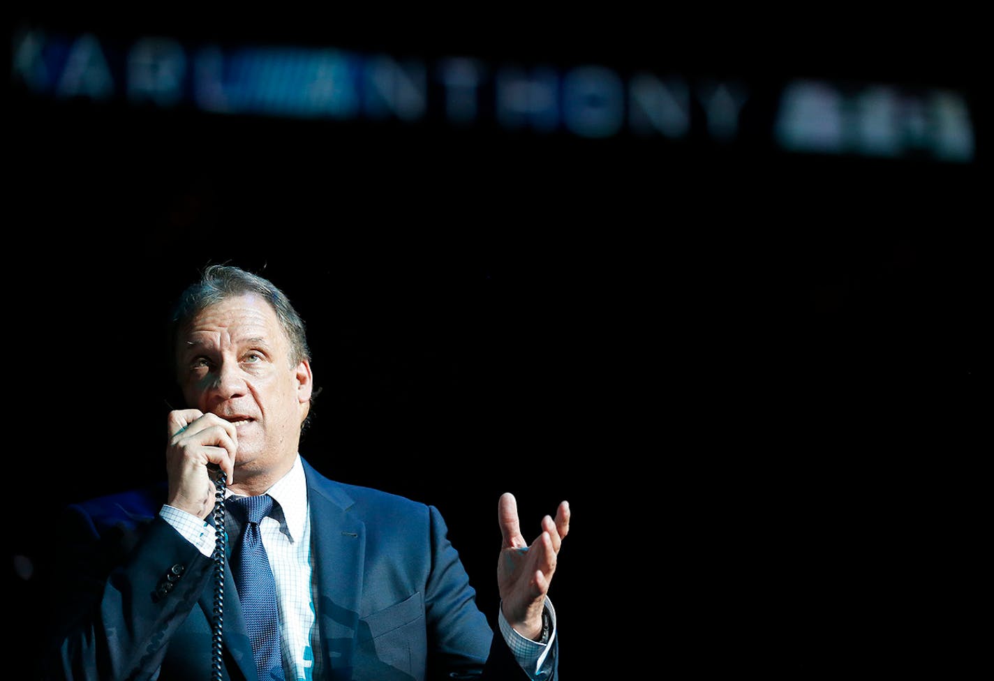 Minnesota Timberwolves President of Basketball Operations and head coach Flip Saunders spoke on the phone with the first round pick Karl-Anthony Towns in front of the crowd at the Target Center.