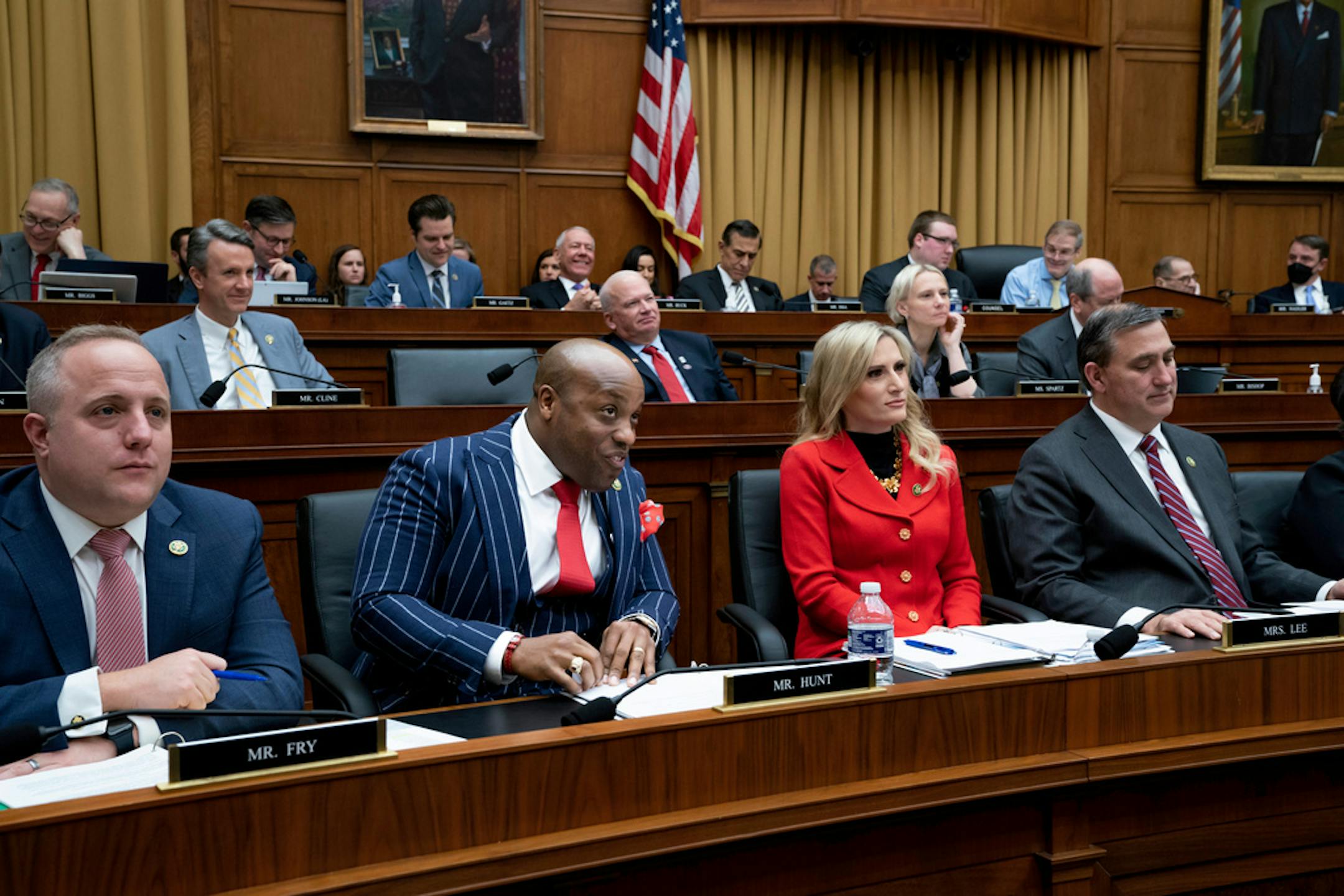 FILE - Members on the Republican side of the House Judiciary Committee, from left, Rep. Russell Fry, R-S.C., Rep. Wesley Hunt, R-Texas, Rep. Laurel Lee, R-Fla., and Rep. Nathaniel Moran, R-Texas, listen to proposed amendments as the panel meets to pass its operating rules under the GOP majority, at the Capitol in Washington, Feb. 1, 2023. (AP Photo/J. Scott Applewhite, File)