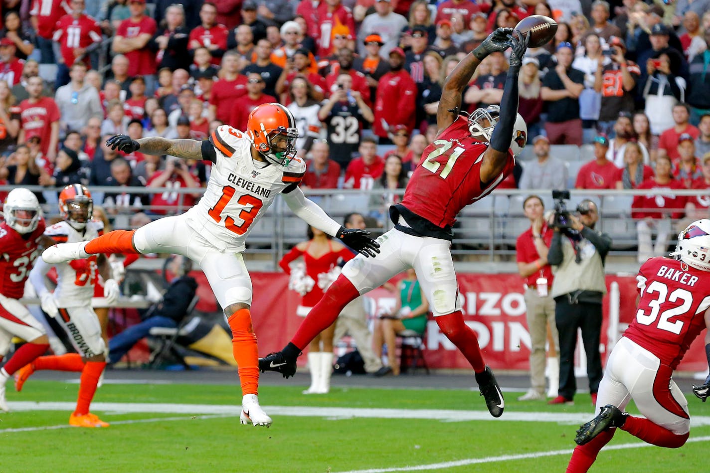 Patrick Peterson intercepts a pass in the end zone intended for Browns wide receiver Odell Beckham during a game in December, 2019. Peterson has agreed to a free-agent deal with the Vikings.