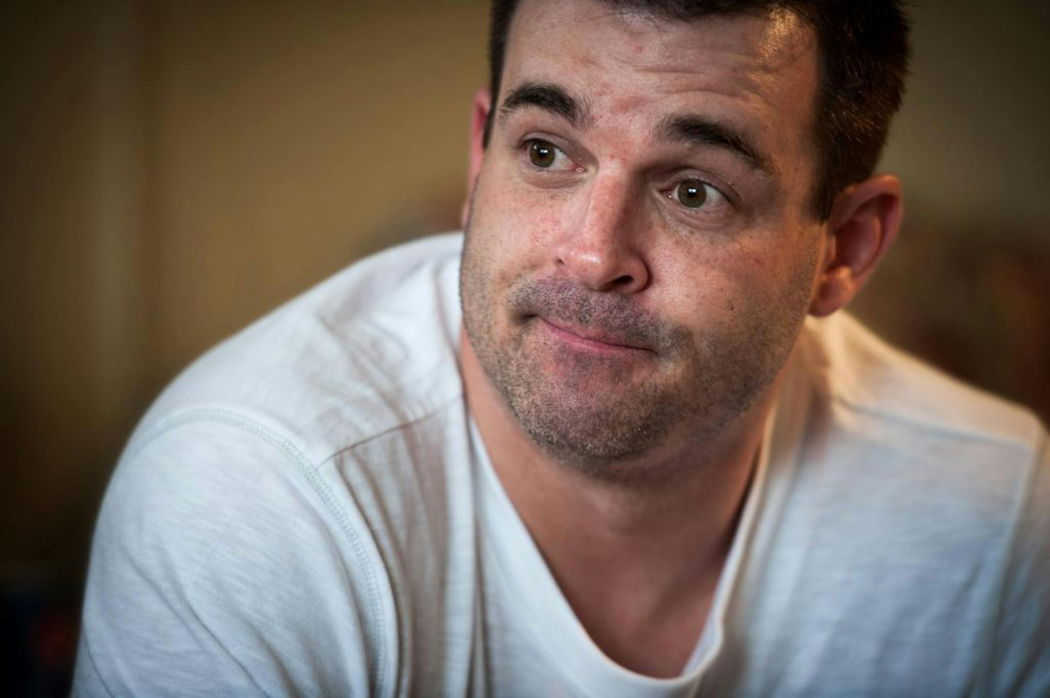 In this file photo from Dec. 14, 2012, Ryan Larson spoke during an interview. He says he had nothing to do with the death of a Cold Spring police officer and wants to get his life back.