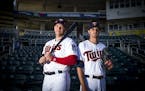 Minnesota Twins players, recently traded from the Tampa Bay Rays, Logan Morrison, left, and Jake Odorizzi, right, pose for a portrait together on Sund