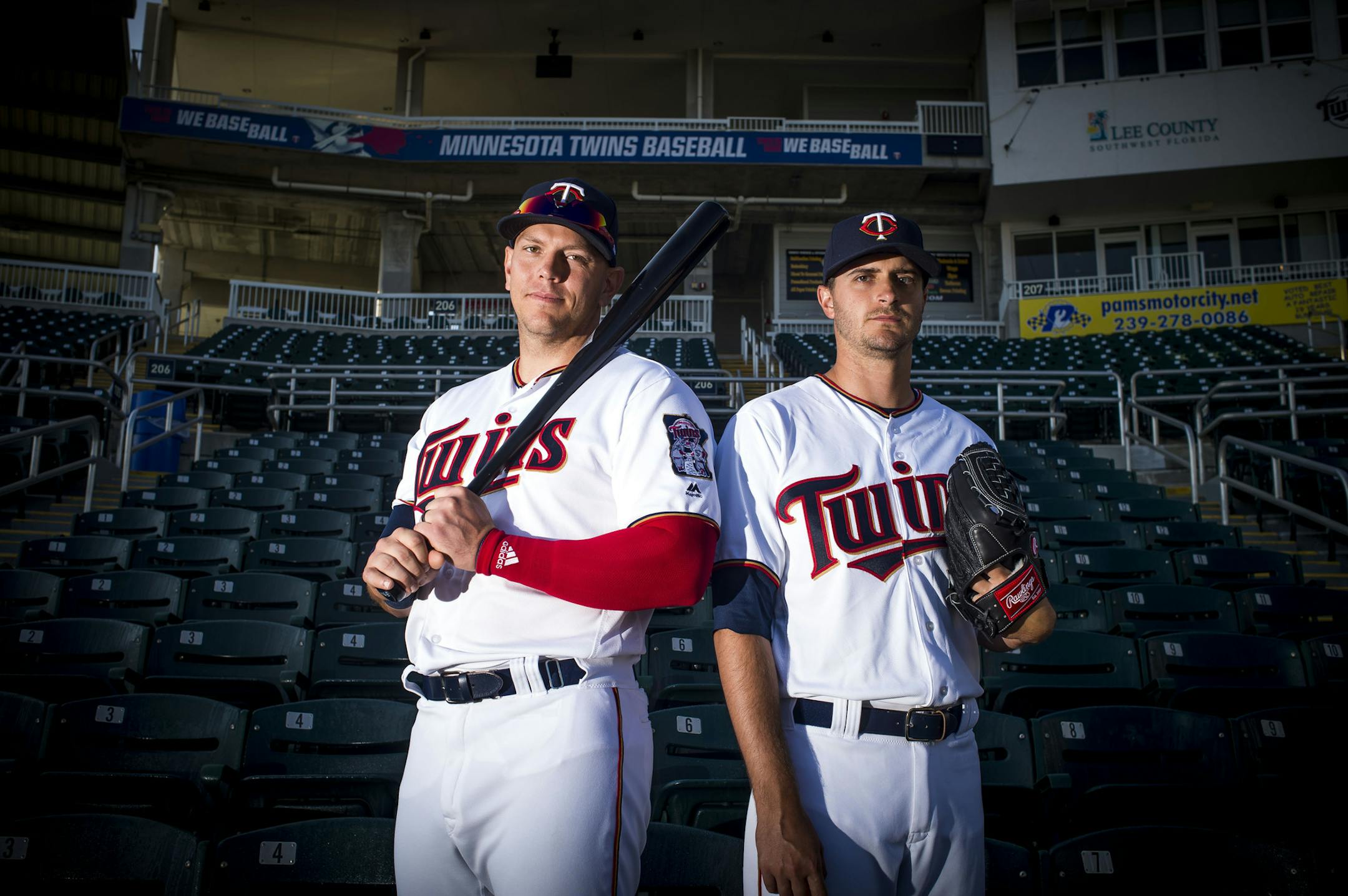 Minnesota Twins players, recently traded from the Tampa Bay Rays, Logan Morrison, left, and Jake Odorizzi, right, pose for a portrait together on Sunday morning, March 18, 2018 in Hammond Stadium at CenturyLink Sports Complex in Fort Myers, Florida.
