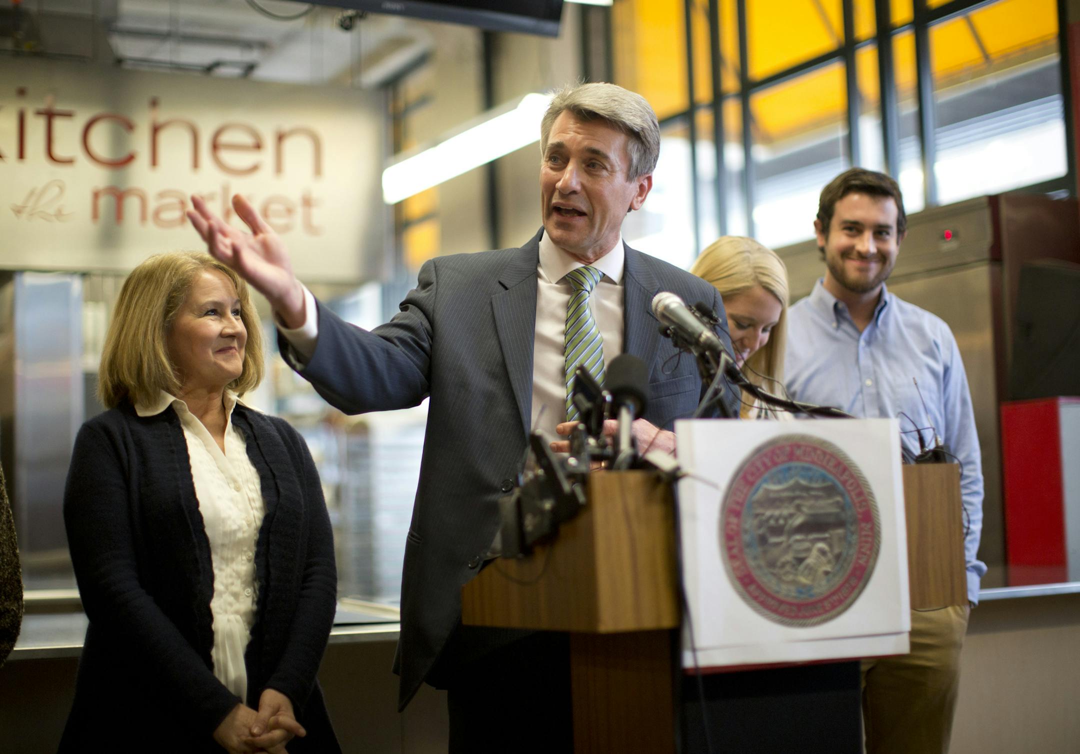 Minneapolis Mayor R.T. Rybak announced at a news conference Thursday afternoon, December 27, 2012 at the Midtown Global Market in Minneapolis, Minn. that he will step down after three terms and 12 years in office. Minneapolis Mayor R.T. Rybak surrounded by family and with his wife, Megan O'Hara, and kids Grace and Charlie, at his side, announced that he would not seek reelection. ] JEFF WHEELER ‚Ä¢ jeff.wheeler@startribune.com