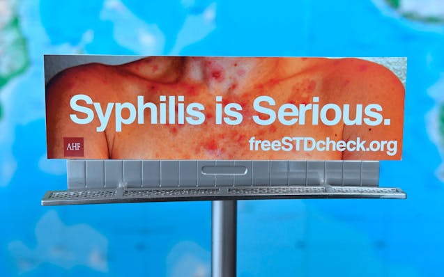A model of a billboard from the AIDS Healthcare Foundation, shown in 2018.