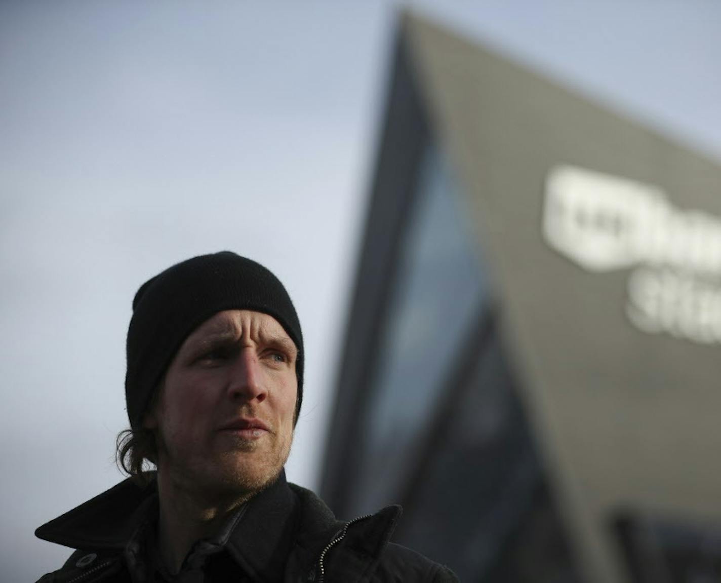 Karl Mayo during the news conference. ] JEFF WHEELER &#xef; jeff.wheeler@startribune.com The two protesters who hung a banner from the catwalk high above U.S. Bank Stadium during Sunday's Vikings game held a news conference across the street from the stadium in Minneapolis Tuesday afternoon, January 3, 2017.