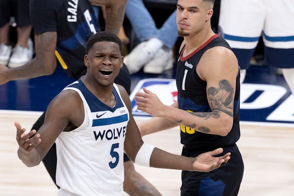 Anthony Edwards reacted to a play in the fourth quarter of Game 5 in Denver. That was a common scene Tuesday night, as Edwards faced tough adversity f