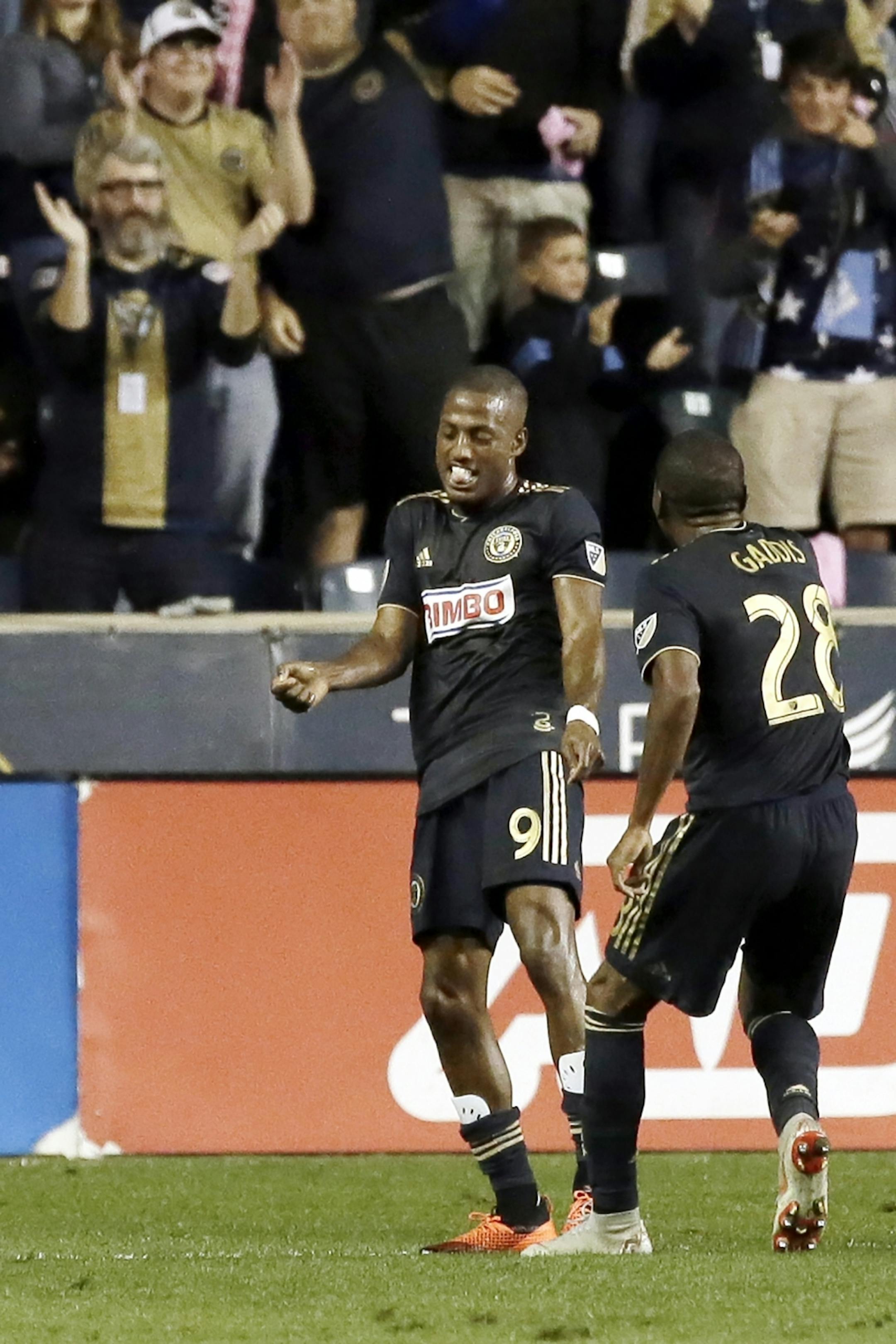 Philadelphia Union's # 9 Fafa Picault celebrates after he scored the Union's 4th goal of the game in the first half of the Minnesota United at Philadelphia Union MLS match at Talen Energy Stadium in Chester, Pa. on October 6, 2018. MANDATORY CREDIT: ELIZABETH ROBERTSON / Staff Photographer