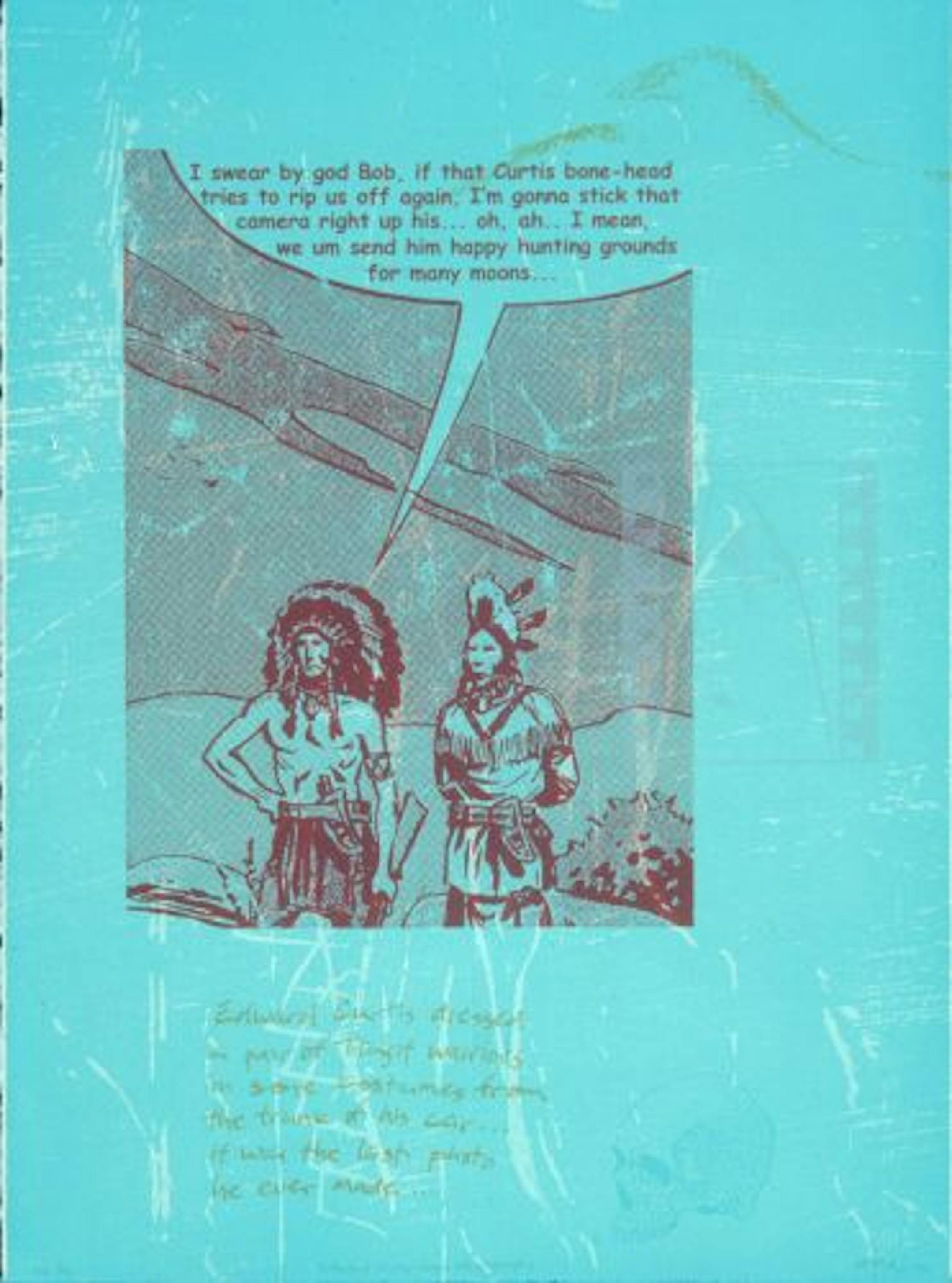 Larry McNeil's lithograph "Edward Curtis' Last Photograph" reflects the disdain many Indians feel toward Curtis' famous images.