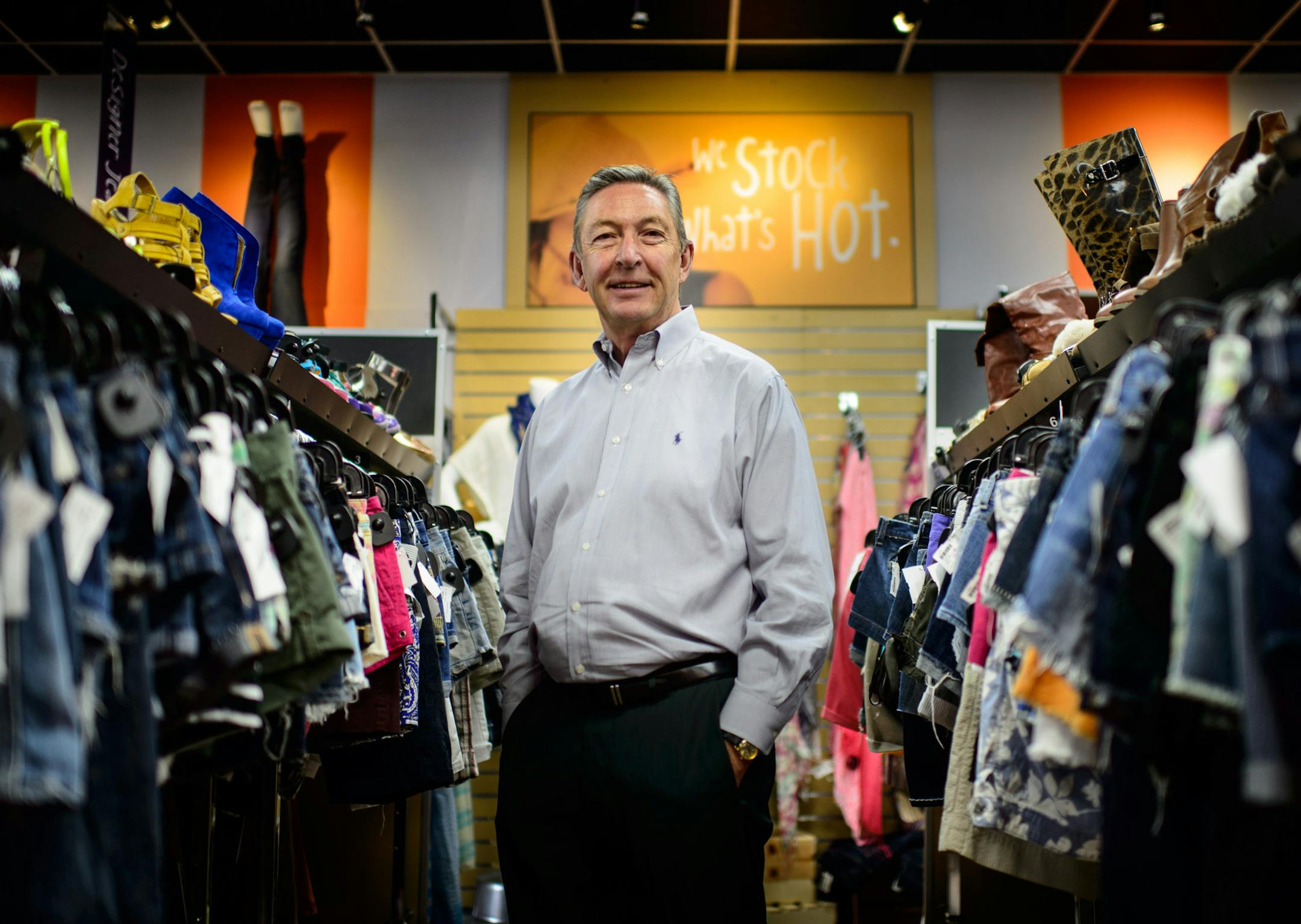 Ron Olson in his new store NTY Clothing Exchange in Minnetonka. Olson made a name for himself with resale stores such as Once Upon a Child and Play It Again Sports with Winmark. Then he took six years off, and re-tooled the concept with under a new company. Wayzata-based NTY Franchise Company has had great success with Clothes Mentor for women's clothing, but in the past few years he has added stores that buy and sell home furnishings (New Uses), electronics (Device Pitstop) , and now NTY Clothi