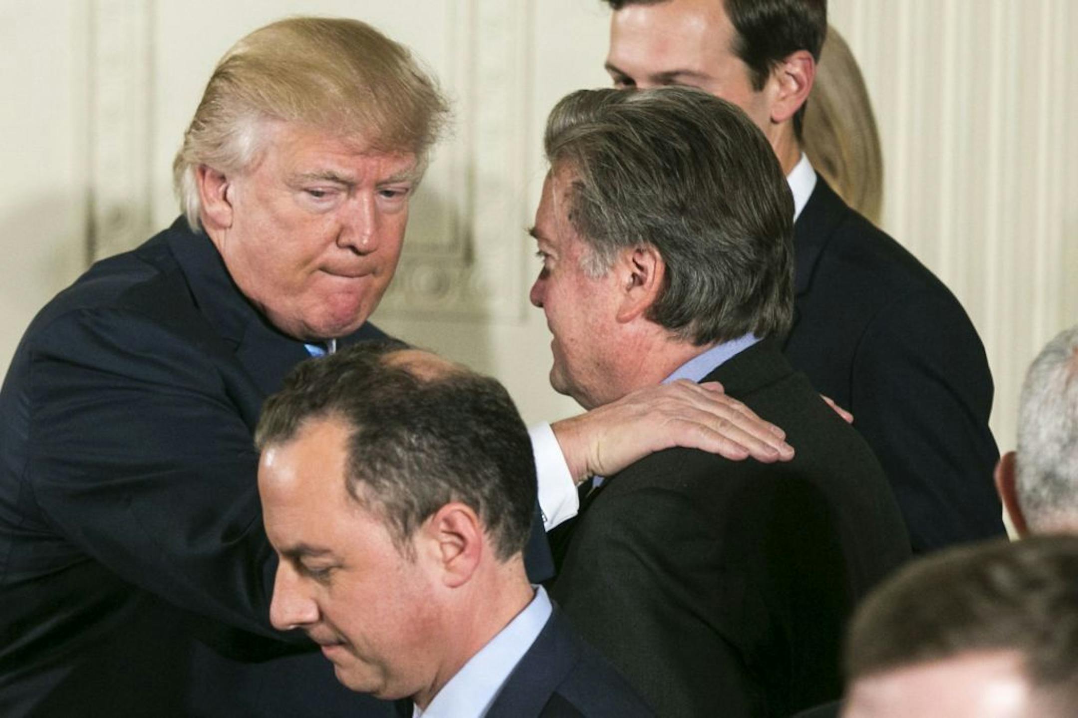 President Donald Trump congratulated Steve Bannon, his chief strategist, at Bannon's swearing-in ceremony at the White House in January 2017. Trump essentially excommunicated his former ally Wednesday, saying that Bannon had "lost his mind" in response to reports that Bannon described Donald Trump Jr.'s meeting with Russians as "treasonous" and "unpatriotic."