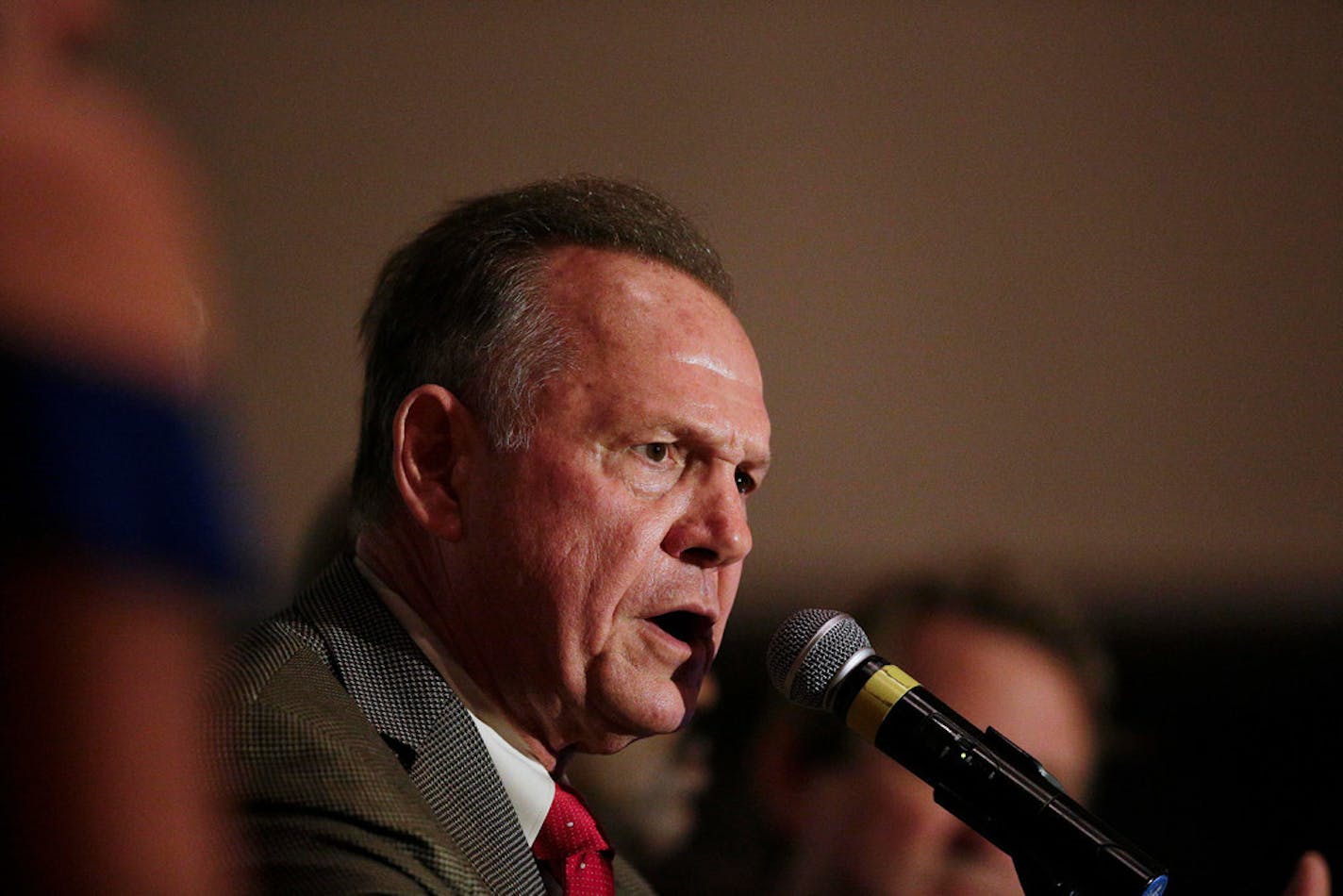 Former Alabama Chief Justice and U.S. Senate candidate Roy Moore speaks during his election party Tuesday in Montgomery, Ala.