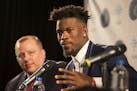 Jimmy Butler was flanked by Wolves head coach Tom Thibodeau left and GM Scott Layden as he was introduced at the Mall of America Thursday, June 29, 20