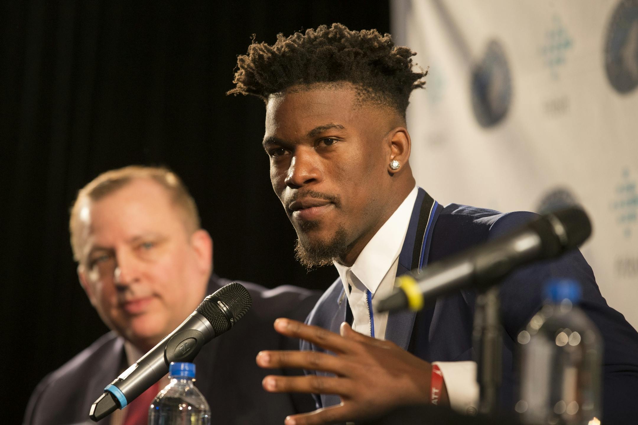 Jimmy Butler was flanked by Wolves head coach Tom Thibodeau left and GM Scott Layden as he was introduced at the Mall of America Thursday, June 29, 2017 in Bloomington MN.