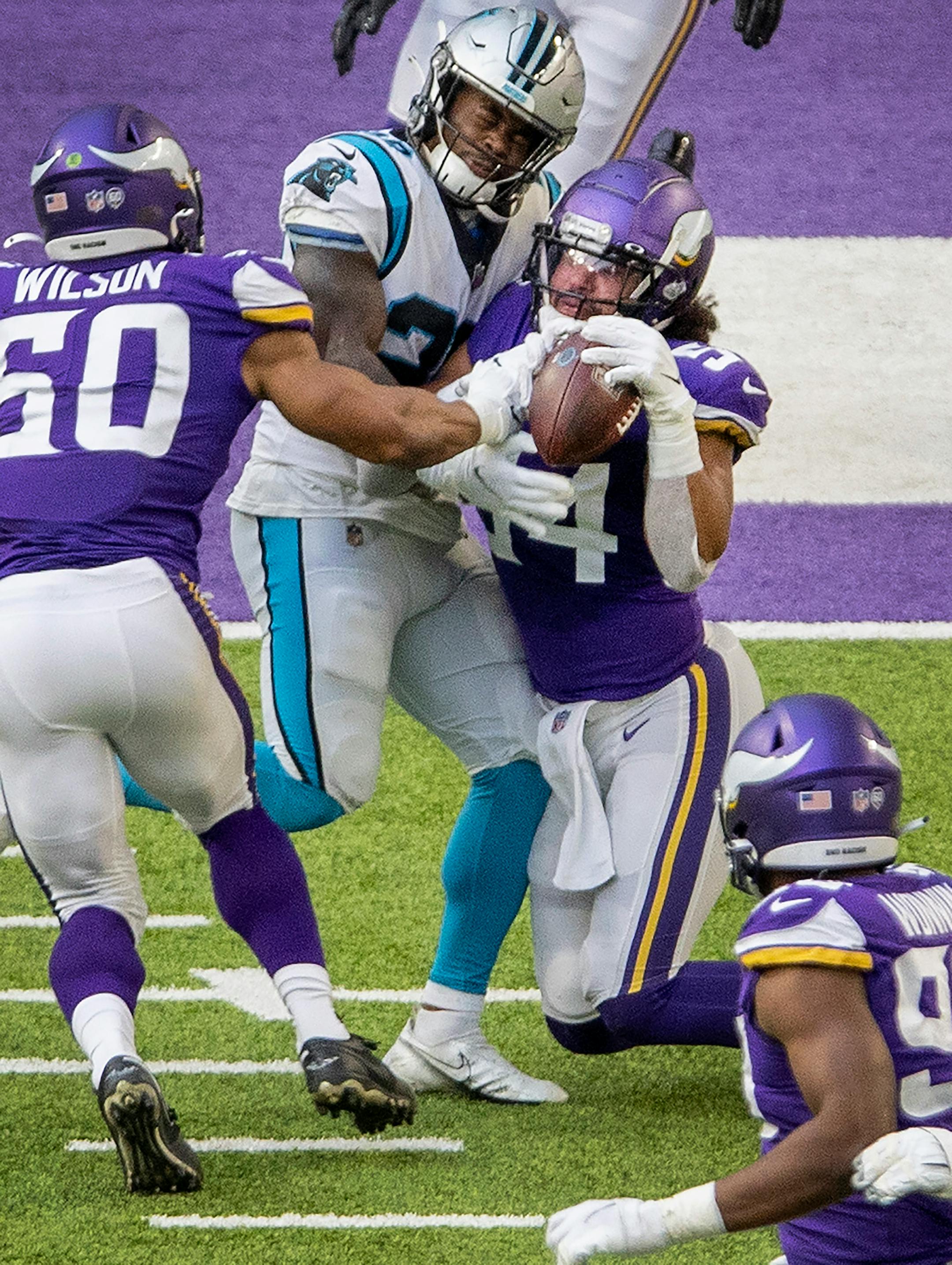 Minnesota Vikings linebacker Eric Kendricks (54) intercepted a pass from Carolina Panthers quarterback Teddy Bridgewater (5) in the second quarter.
