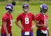 Minnesota Vikings quarterback Kirk Cousins (8) laughed along with his fellow quarterbacks Jake Browning (3) and Kellen Mond (11).