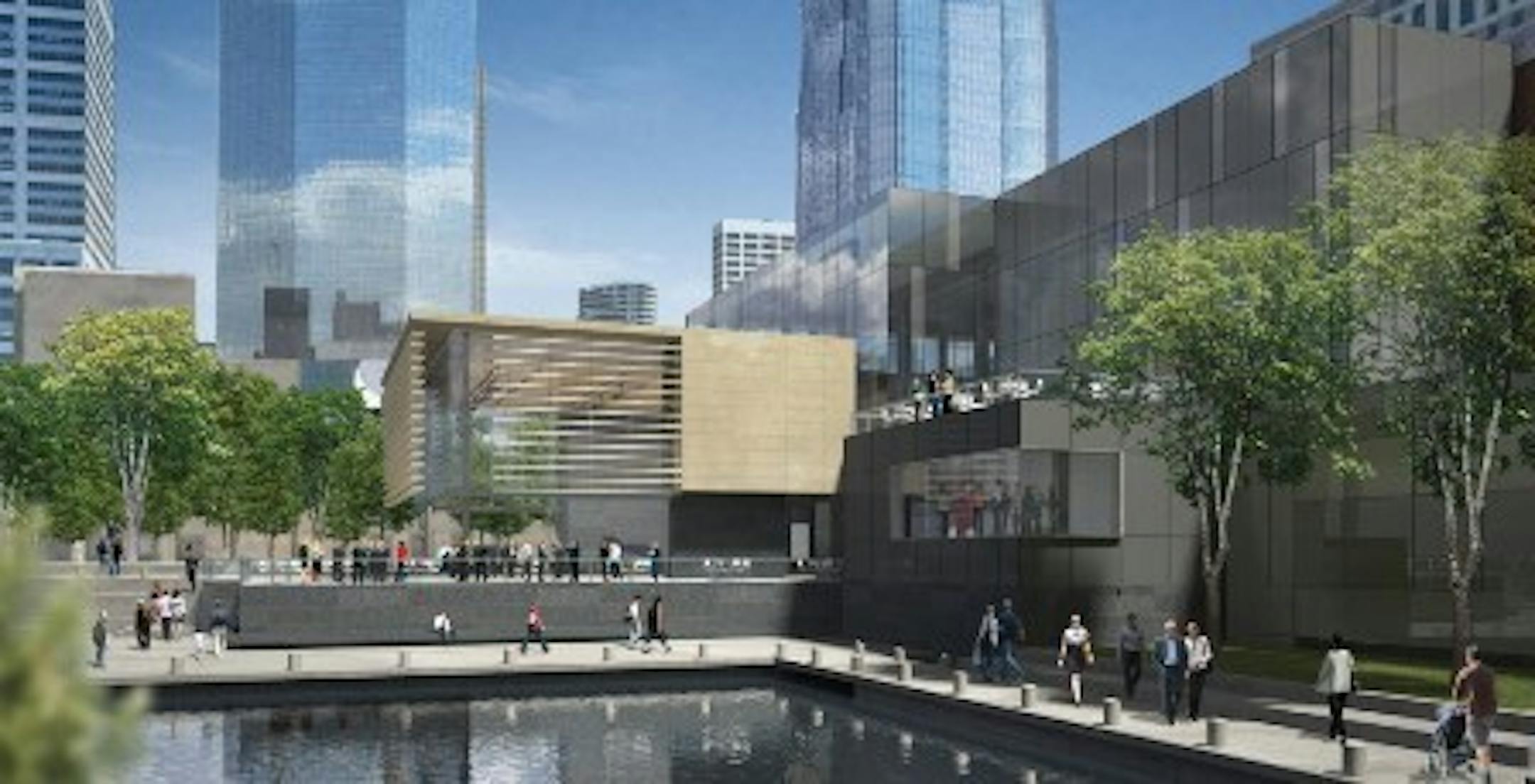 The Peavey Plaza renovation will proceed in parallel with the planned remodeling of Orchestra Hall, shown in an architect's rendering.