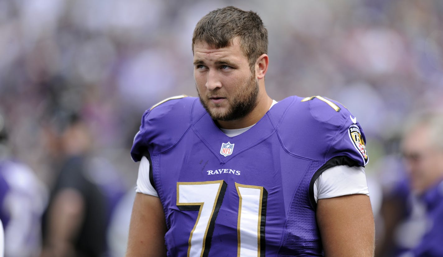 Baltimore Ravens offensive tackle Rick Wagner stands on the sideline in the first half of an NFL football game against the Houston Texans, Sunday, Sept. 22, 2013, in Baltimore. (AP Photo/Nick Wass) ORG XMIT: OTK