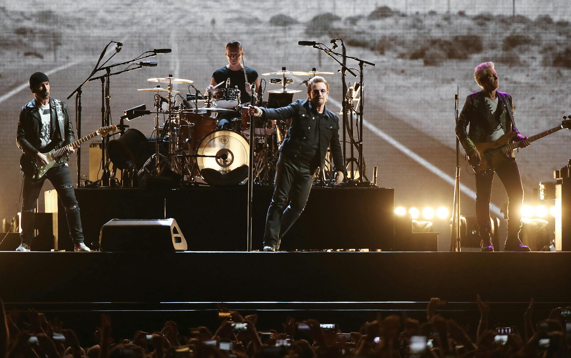 Bono (center) The Edge left , Larry Mullen Jr. on drums and Adam Clayton played musics from Joshua Tree tour at US Bank Stadium Friday September 8,2017 in Minneapolis , MN. ] JERRY HOLT &#xef; jerry.holt@startribune.com ORG XMIT: MIN1709082248152360