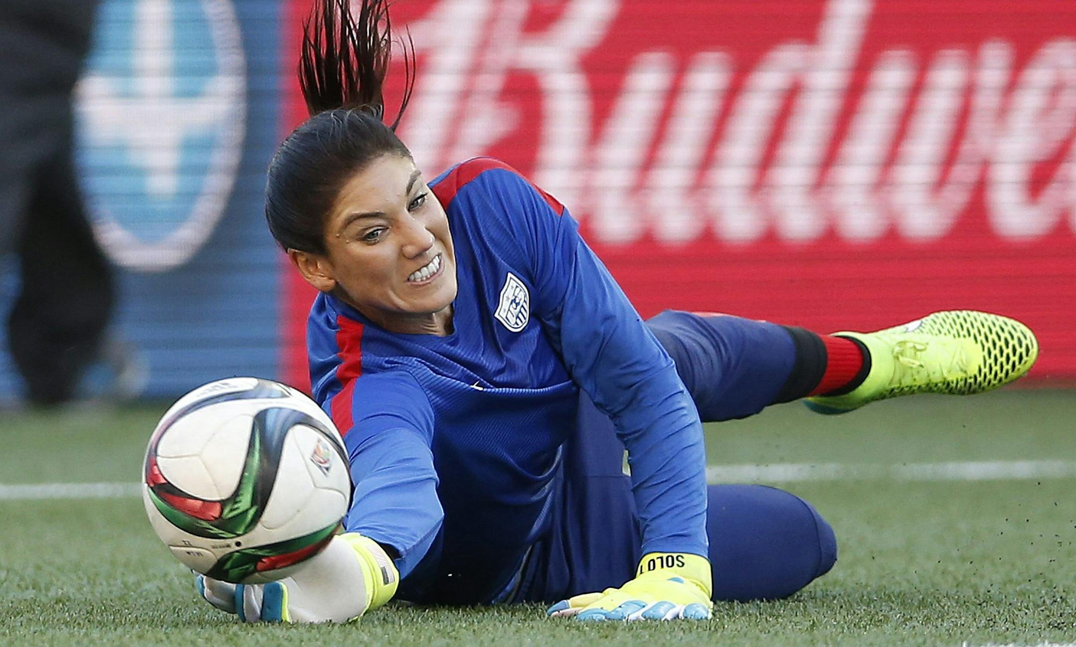 U.S. goalkeeper Hope Solo warms up prior to a FIFA Women's World Cup soccer match against Sweden in Winnipeg, Manitoba, Canada, Friday, June 12, 2015.