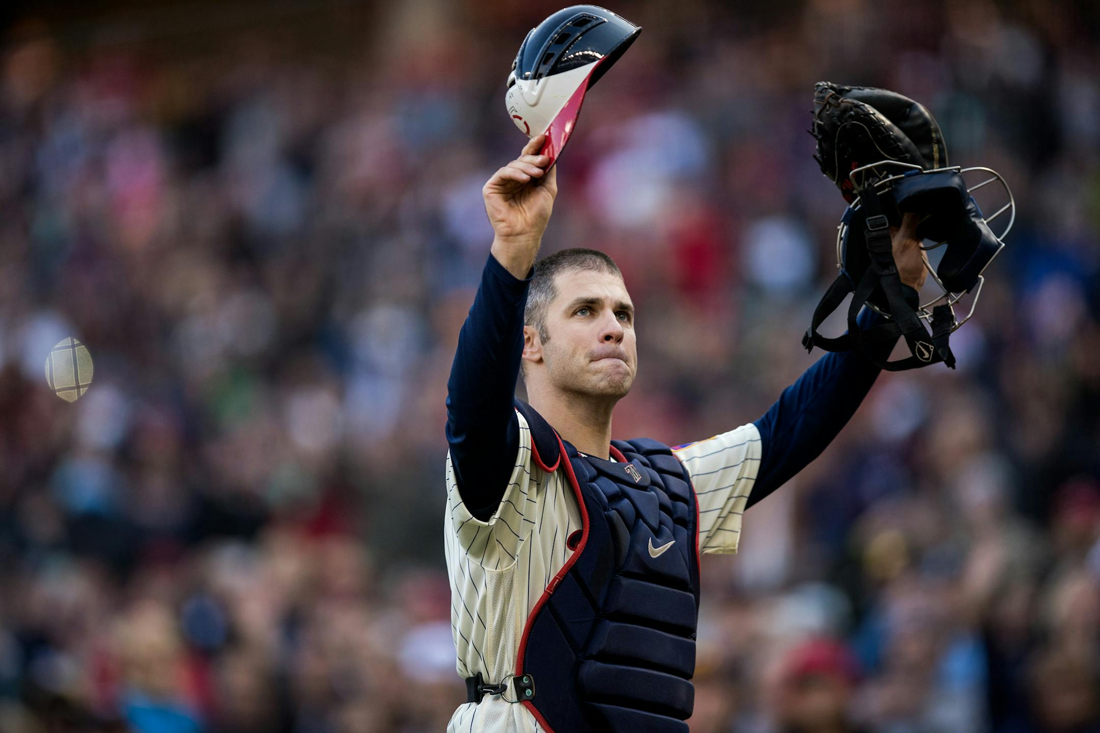 Joe Mauer (7) wore his catching gear out in the ninth inning for one pitch as he waved to the crowed at Target Field Sunday September 30, 2018 in Minneapolis, MN. ] The Minnesota Twins hosted the Chicago White Sox at Target Field. JERRY HOLT ï jerry.holt@startribune.com