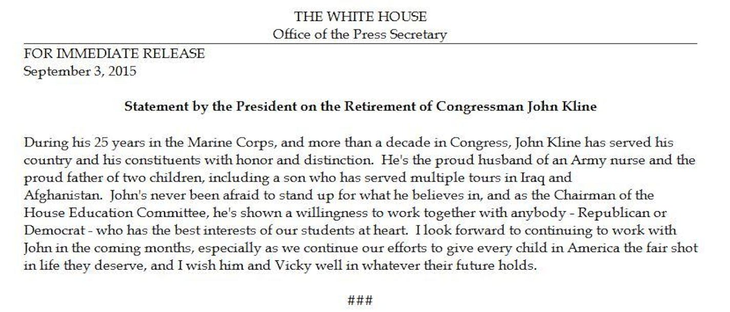 President Obama's statement about Rep. John Kline.