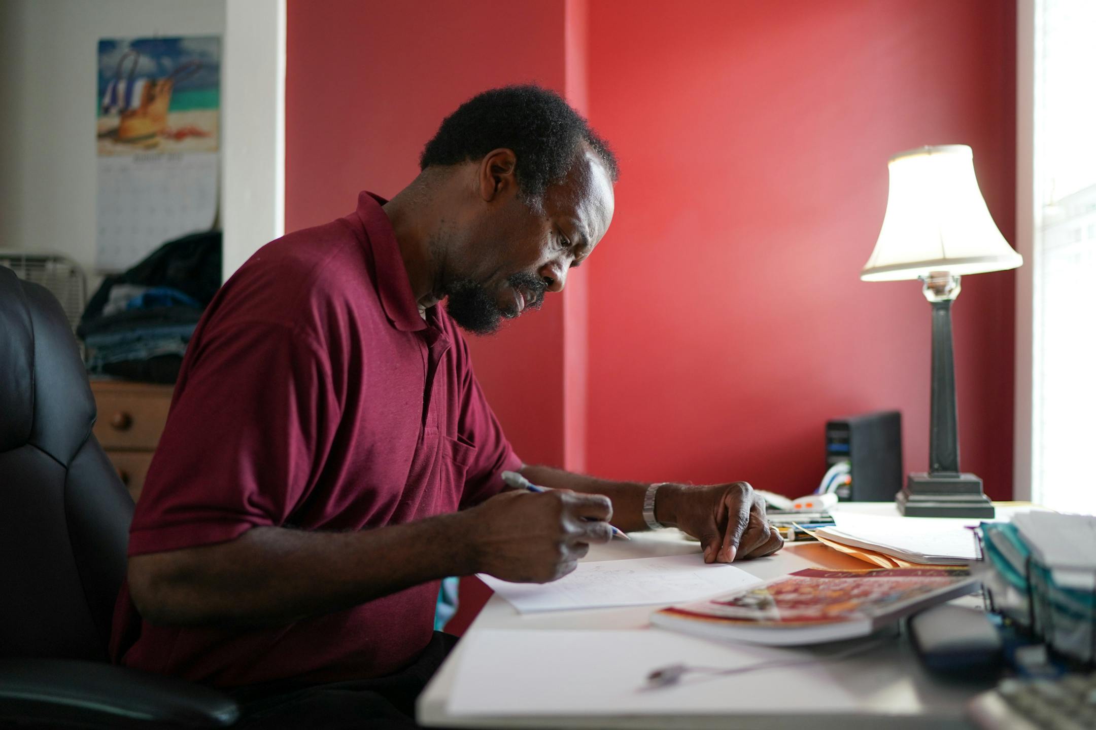 Leslie Taha worked on one of his cartoons in his Anoka home. ] GLEN STUBBE • glen.stubbe@startribune.com Tuesday, August 20, 2019 A shared creative spark led a cartoonist and a painter down the aisle two weeks after they met. And it's helped keep Leslie and Chholing Taha together for 28 years. He has a new self-published book of cartoons, Off My Meds, coming out, and she has had paintings (and Native American shawls) shown at museums (including MIA) and commissioned by hospitals (Mayo, HC