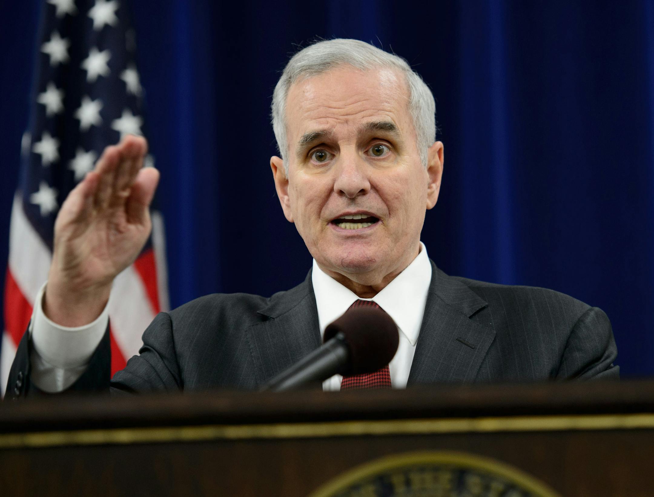 Governor Mark Dayton said he learned a "brutal" lesson today and said Tom Bakk "blindsided" him and "stabbed him in the back." ] GLEN STUBBE * gstubbe@startribune.com Thursday, February 13, 2015