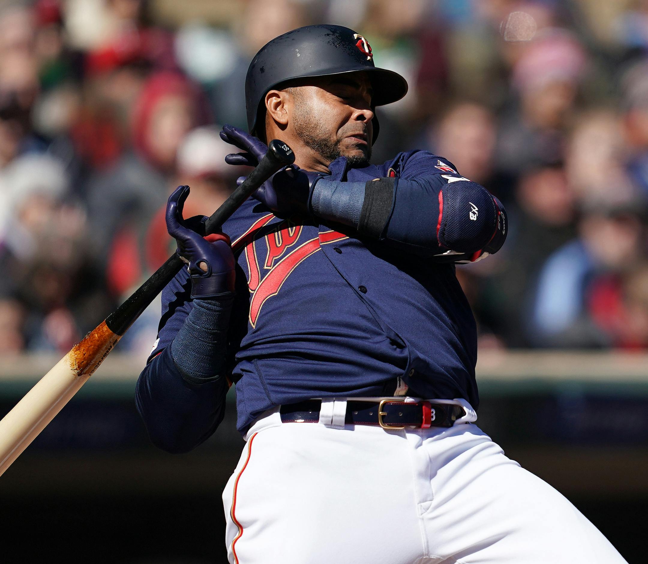 Minnesota Twins designated hitter Nelson Cruz (23) dodged an inside pitch. ] ANTHONY SOUFFLE • anthony.souffle@startribune.com The Minnesota Twins played the Cleveland Indians in an MLB game Saturday, March 30, 2019 at Target Field in Minneapolis.