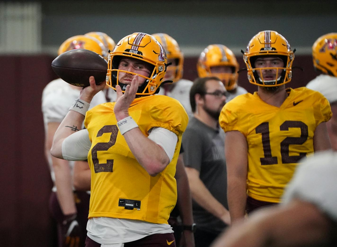 Gophers quarterback Tanner Morgan passes during an open spring practice inside the Athletes Village football training facility on the campus of the University of Minnesota, Saturday, April 16, 2022 in Minneapolis, Minn. ] SHARI L. GROSS / shari.gross@startribune.com