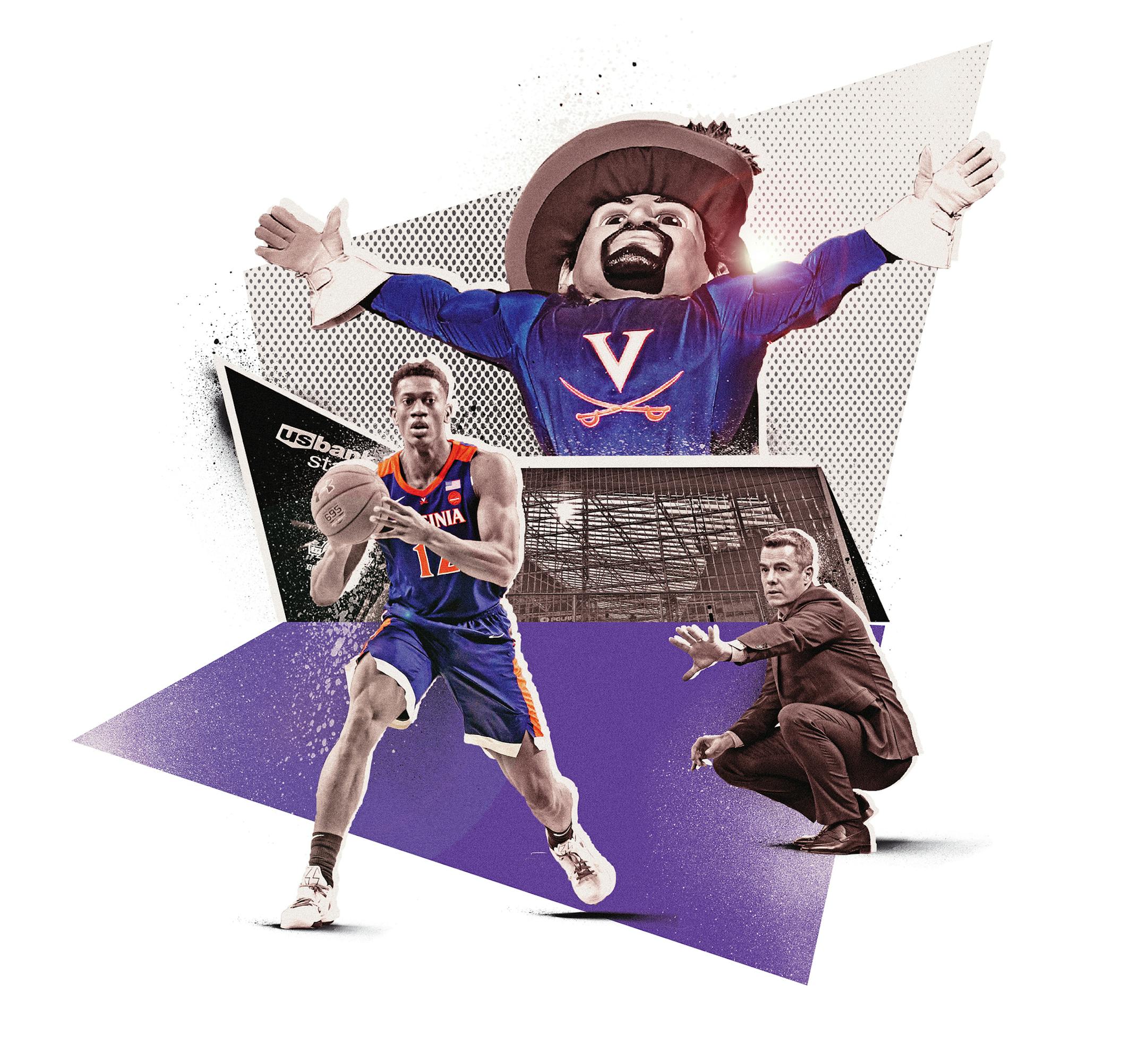 Inline illustration for the 2019 NCAA Men's Final Four basketball tournament that is being held in Minneapolis. Element includes coach Tony Bennett, De'Andre Hunter and the Cavalier's mascot. Illustration by The Sporting Press, Special to the Star Tribune