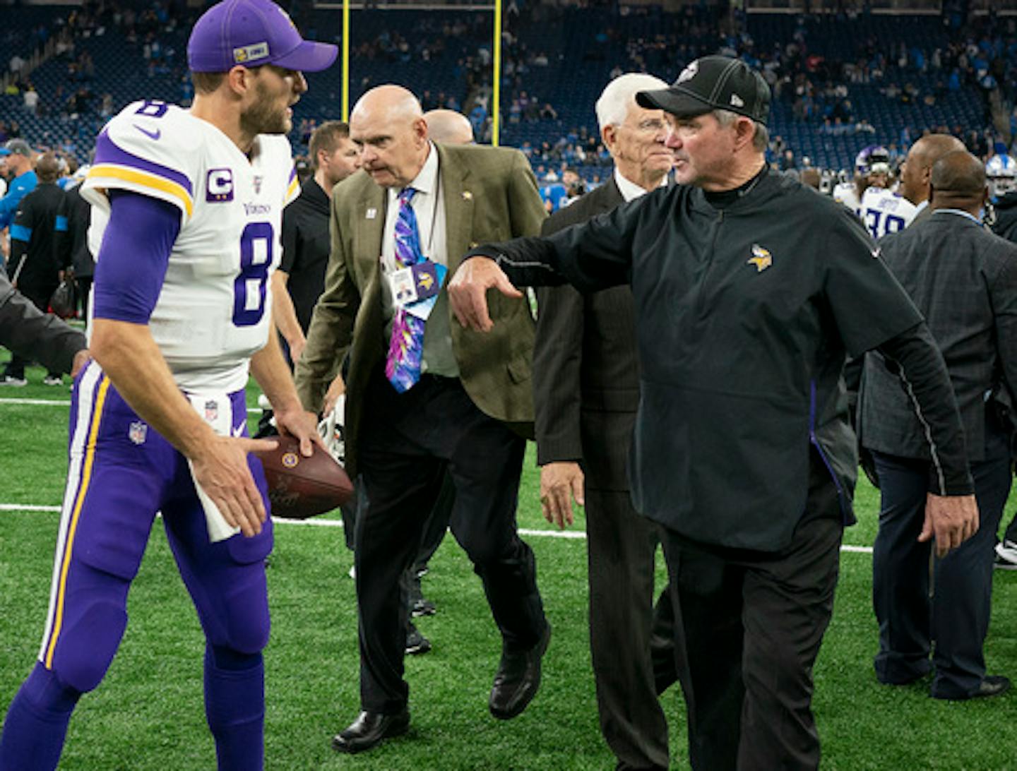 Minnesota Vikings head coach Mike Zimmer celebrated their win with Minnesota Vikings quarterback Kirk Cousins (8) at Ford Field.] Jerry Holt • Jerry.holt@startribune.com