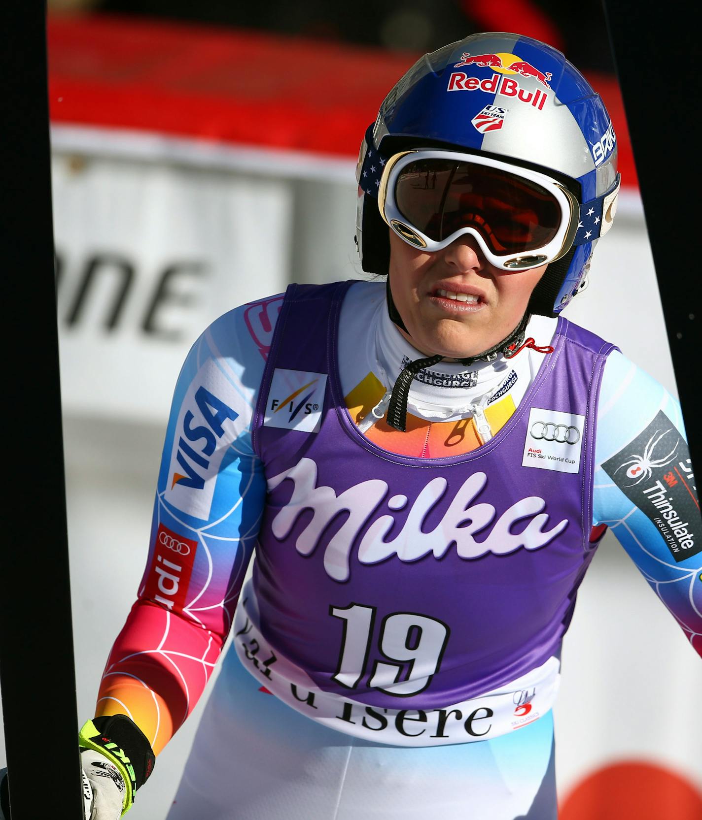 Lindsey Vonn gets to the finish area of an alpine ski, women's World Cup downhill, in Val D'Isere, France, Saturday, Dec. 21, 2013.