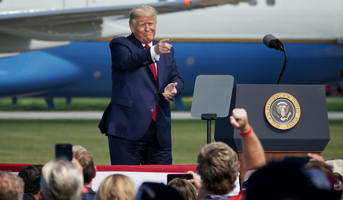 President Donald Trump delivered remarks on what the campaign is calling "Joe Biden's failures on Jobs and the Economy". He spoke to an invitation only crowd of hundreds at North Star Aviation, Mankato. ] ] GLEN STUBBE • glen.stubbe@startribune.com Monday, August 17, 2020 President Donald Trump delivered remarks on what the campaign is calling "Joe Biden's failures on Jobs and the Economy". He spoke to an invitation only crowd at North Star Aviation, Mankato.