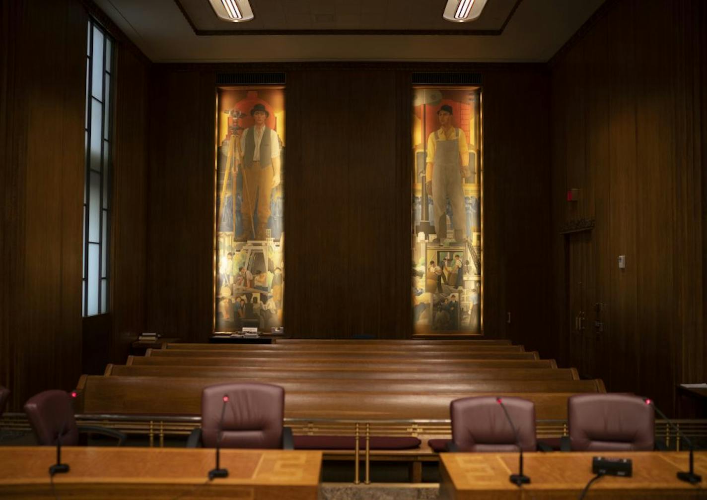 Two of the four murals in the St. Paul City Council Chambers painted in 1933 by John Norton.